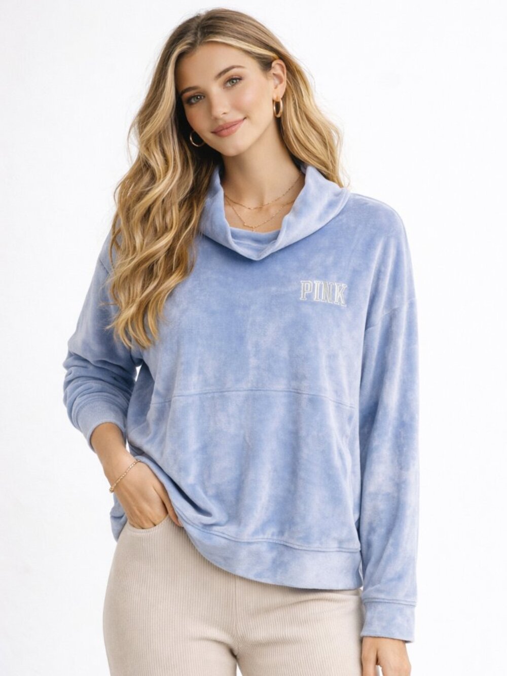Pink Victorias Secret Velour Varsity Cowl Neck Sweatshirt Womens Small Blue